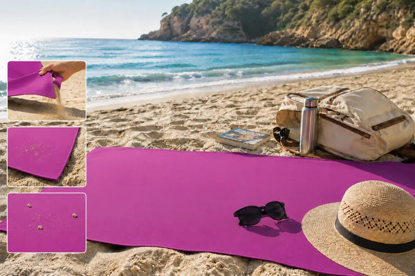 Mikrofaser-Strandtuch am Strand mit Sand, Sonne und Reisegepäck